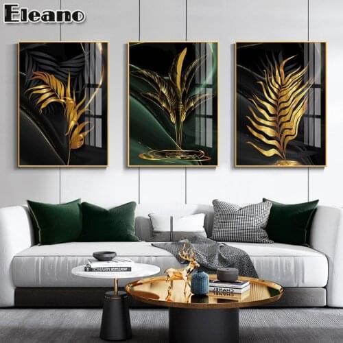 Black and Gold Abstract Art Poster Golden Leaf Lines Room Decor Canvas Tropical Wall Art Green Living Room Decoration Painting