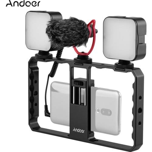 Andoer Smartphone Video Rig Grip with Shock Mount with Rig Dual LED Light Microphone for Vlog Film-making iPhone Samsung HUAWEI