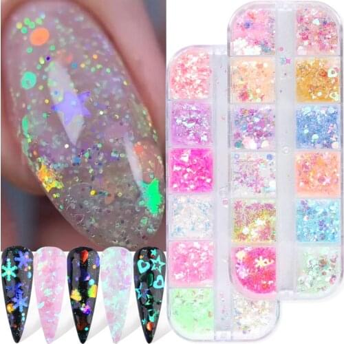 12 Grid Holographic Nail Flake Fluorescent Nail Glitter Powder Butterfly Chameleon Irregular Laser Gradient Foil Decoration SASP