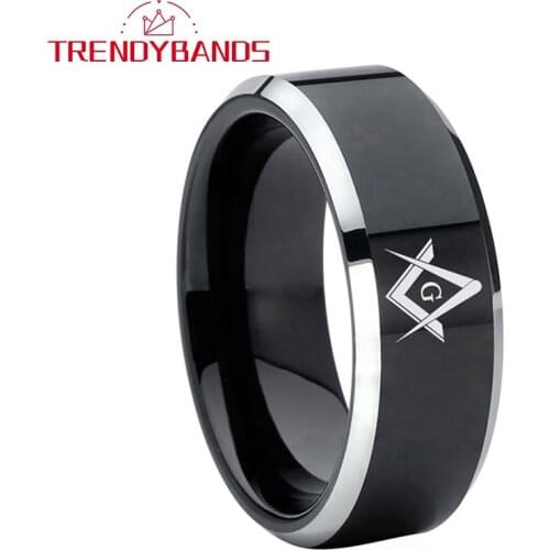 8MM Laser Engraved Black Mens Tungsten Carbide Rings Wedding Bands Beveled Edges Polished Shiny Comfort Fit