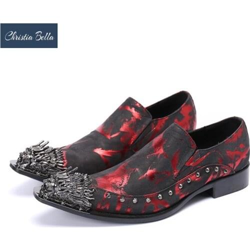 Christia Bella Fashion Red Print Men Genuine Leather Shoes Plus Size Rivets Pointed Toe Party Dress Shoes Business Brogue Shoes