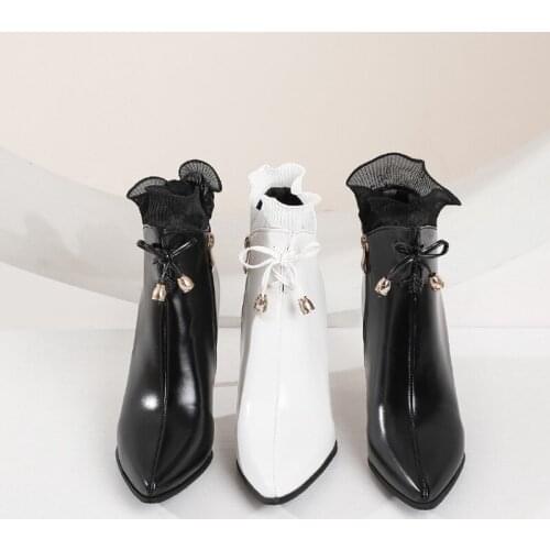 YQBTDL Fashion Plus Size Sexy Boots Female Stiletto Thin Heels Patent White Black Pointed Toe Ruffles Party Shoes Ankle Boots 43