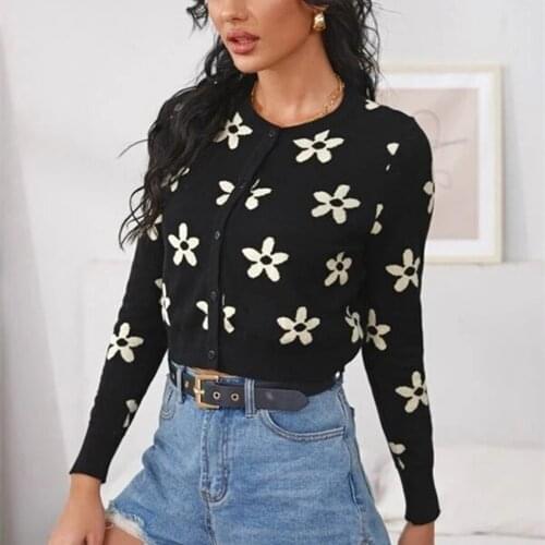 Autumn Printed Cardigan 2021 Women Sexy Top Streetwear Fall Cutout Long Sleeve Round Neck Stitching Hem Exposed Navel Sweaters