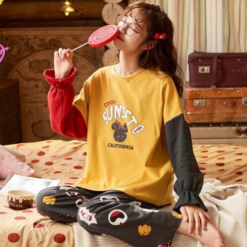 Autumn Casual Cotton Home wear Pyjama Women Pijama Femme Pjs suit Pajamas Set for Women Long-sleeve Cotton Sweet Cute Large Size