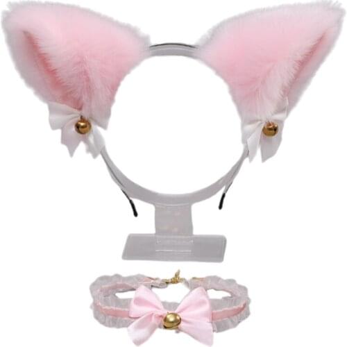 Cat Ears Headband Plush Ears Headpiece Lace Choker Set for Festival Cosplay Party Necklace Hairhoop Accessories