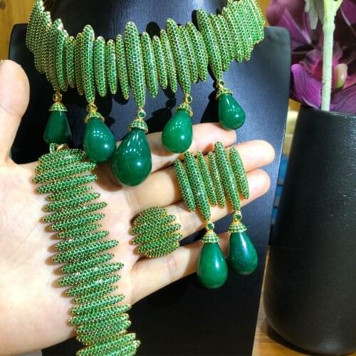 Luxury Emeralds 4PCS Waterdrop Big Necklace Earring Bangle Ring jewelry Sets for women Wedding Indian Bridal Jewelry Sets Gift