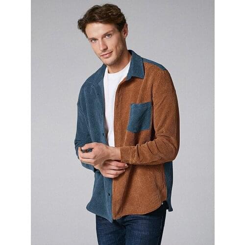 Autumn Winter Contrast Patchwork Casual Button Corduroy Youth Business Streetwear Mens Lapel Double-peocket Long Sleeve Shirt