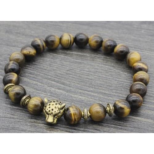 8mm hrh3 silver gold copper lion Bracelet elastic yellow Tigereye Buddha Yoga Charm nature stone bead Bangles women gift