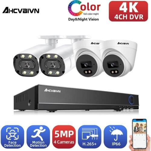 5MP Color Night Vision Surveillance System 4CH H.265+ P2P 8MP DVR Outdoor Waterproof Home CCTV AHD Camera Security System Kit