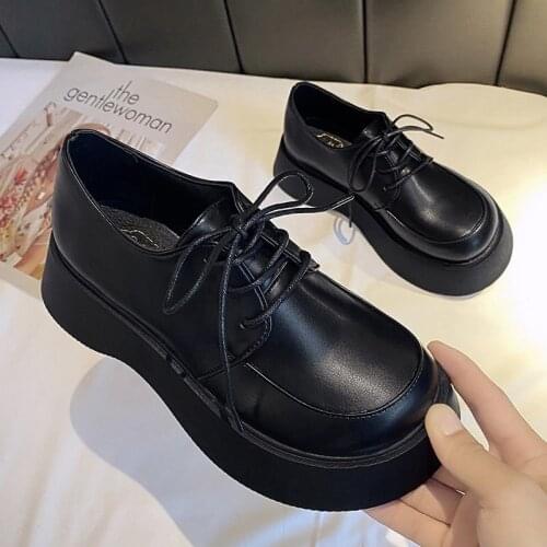 Japanese Retro Shoes Womens Muffins with Round Heads and Thick-soled Derby Shoes Doll Mori Small Black Leather Shoes