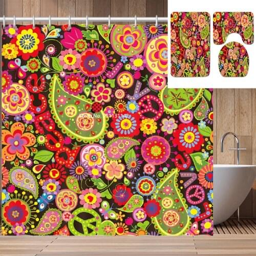 Waterproof Fabric with Colorful Bohemian Lace and Geometric Print Shower Curtain Bathroom Bath Mat Toilet Seat 4 Piece Set