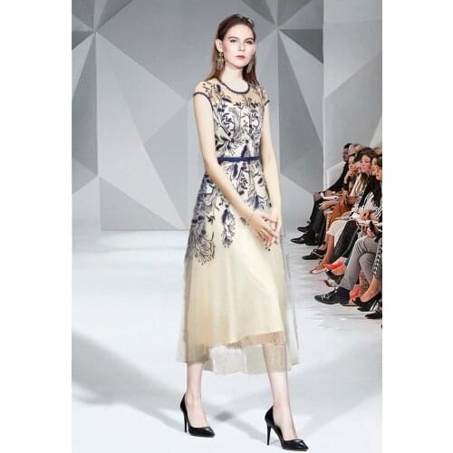 Womens Elegant Dresses Mesh Short Mid-Calf Empire Embroidery Loose Lady Dresses Party Night Office Lady 2020 New Summer Dresses