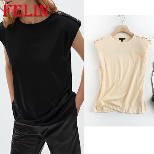 Women Cotton T-Shirts Za Fashion 2021 Pearl Button Sleevelss T-Shirts Female Summer Loose Office Lady Tees Shirts Chic Tops
