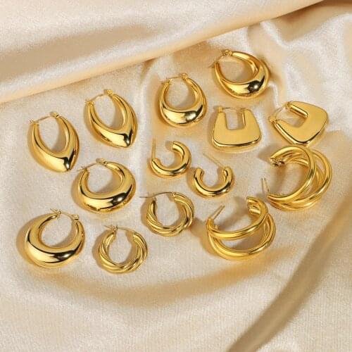 18K Gold Plated Stainless Steel Hoop Earrings For Women Ladies Classic Hollow Square Oval Circle Earrings Jewelry