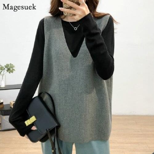 Sleeveless Knitted Sweater Vest Women Autumn Winter 2021 Loose Cashmere Pullover Women Sweaters Vintage V-neck Jumper Vest 16798