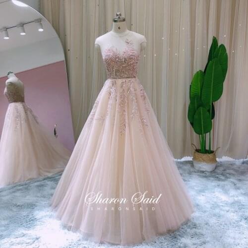 Blush Pink Tulle Long Evening Dress 2021 Sexy Open Back Crystal Dubai Prom Party Dress Elegant Women Wedding Guest Formal Gowns