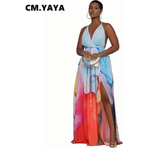 CM.YAYA Women Maxi Dress Print Sleeveless Strap V-neck Loose Splited Long Dresses Fashion Vintage Vestidos Summer Outfits 2021