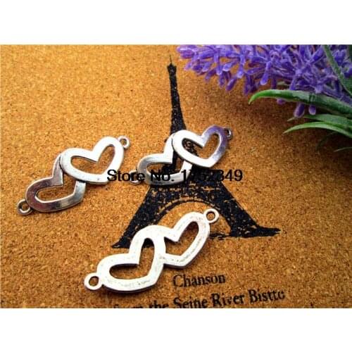 10pcs--Hearts charms,Antique Silver Double Heart Charm pendants heart connectors 41x16mm
