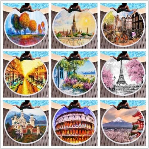 No Sand Round Microfiber Beach Towel With Tassel London Rome Japan Landscape Printed Beach Towel For Living Room Adults Towel