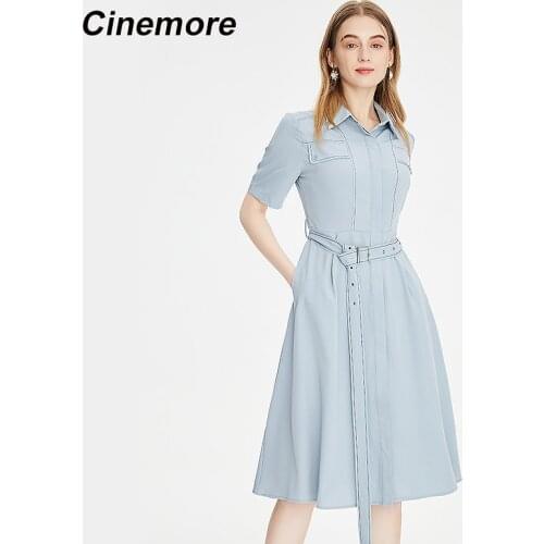 Cinemore Women Summer dress Chic Fashion Button-up Draped Midi Shirt Dress Vintage Short Sleeve Belt Female Dresses Q92266