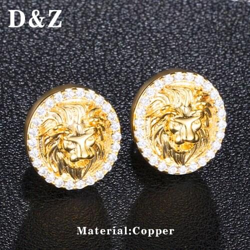 D&Z Hip Hop AAA+ Zircon Lion Head Round Earings For Hipster Iced Out Jewelry For Men Fashion Ear Studs