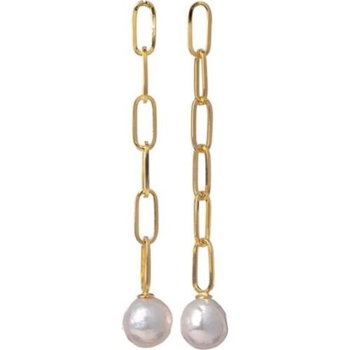 Brass With 18K Gold Real Pearl Long Drop Earrings Women Wedding Jewelry Designer T Show Runway Gown Jewelry Rare INS Korea