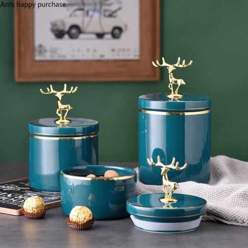 Nordic Golden Deer Lid Ceramics Sealed Jar Green Outline In Gold Food Storage Box Home Use Tea Whole Grains Snacks Storage Jar