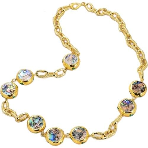 GG Jewelry Natural Rainbow Color Abalone Shell Beads Gold Plated Chain Long Necklace 28" ethnic for women