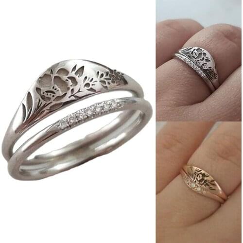 New Fashion Two-piece Ring Set Women Simple Hollow Flower Female Ring Jewelry Gold Silver Color Wedding Engagement Ring