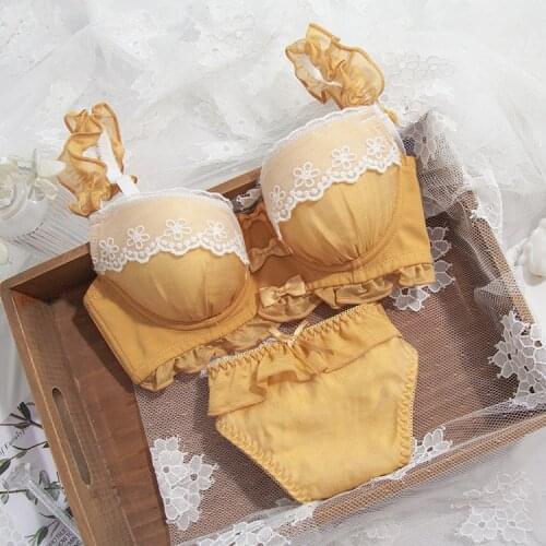 Wriufred Pure color embroidered lace ruffle bow lingerie underwear sets sexy gathered molded cup bralette womens bra set