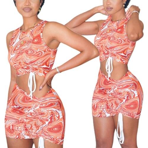 Traje de falda y chaleco sexy para mujer Impresión de moda Tops recortados con cordón y falda corta ajustada