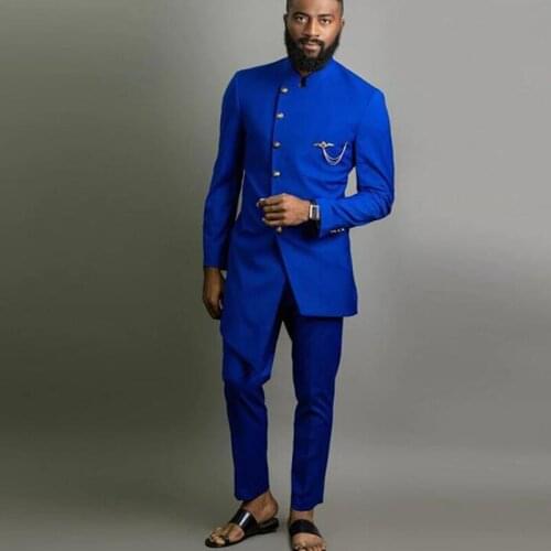 Royal Blue Men Suits Slim Fit with Mandarin Stand Collar Wedding Tuxedos Two Pieces Jacket Pants Male Fashion Groomsmen Wear