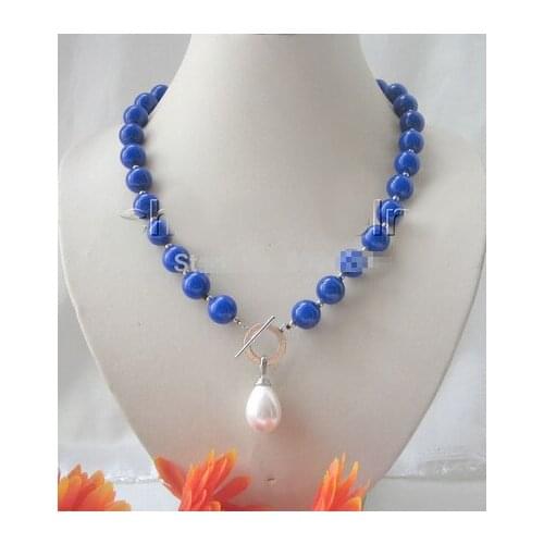 18" 12mm round lapis lazuli necklace & 20mm sea shell