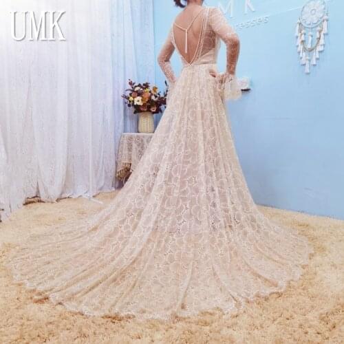 UMK Lace Long Sleeve Wedding Dress Vintage Boho Bridal Gowns Sexy Open Back Pearl Beach Vestido De Noiva