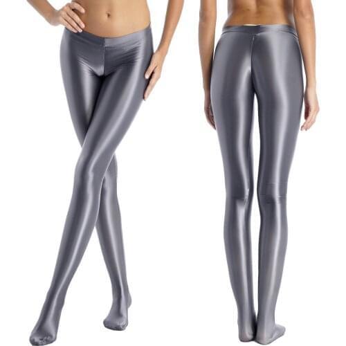 Women Sport Workout Yoga Sportswear Mid Waist Stretchy Pants Solid Color Zipper Crotch Skinny Pantyhose Glossy Leggings Trousers