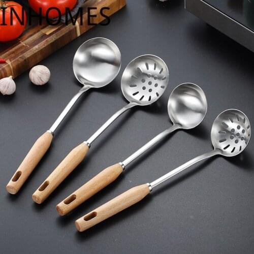 4Pcs Wall Hanging Wood Handle Kitchen Stainless Steel Wok Spatula Soup Ladle Spoon Turner Cooking Shovel Tools Utensils Set