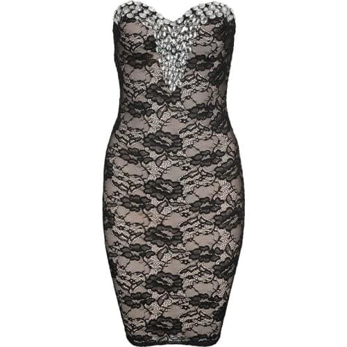 Fashion women strapless lace beading bandage dress bodycon sexy luxury evening party dresses