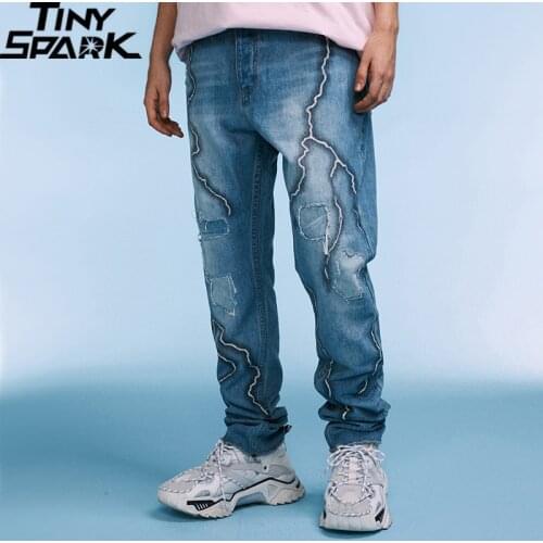 2021 Hip Hip Denim Pants Streetwear Lightning Print Ripped Hole Denim Pants Men Harajuku Denim Pants BlueTrousers Joggers Cotton