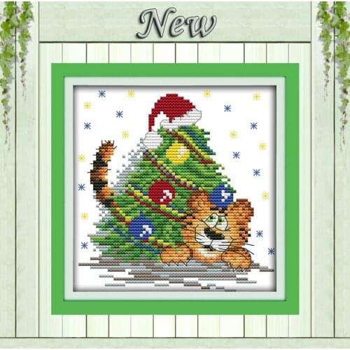 The naughty little Christmas tiger Sets embroidery home Decor Counted Print on canvas Needlework DMC 11CT 14CT Cross Stitch kits