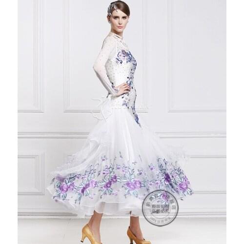 Customize white Waltz tango Fox trot Quick step Ballroom Modern competition Dress long sleeve with purple rose flower