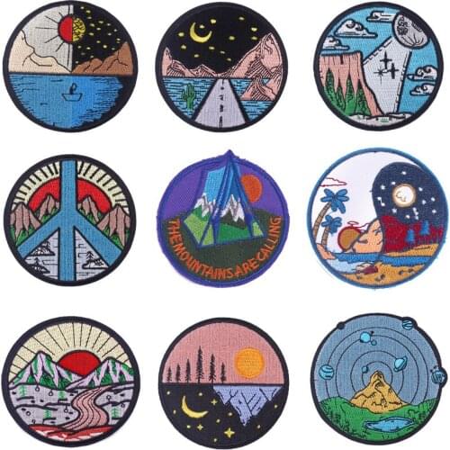 Outdoor Travel ! Sun Moon Mountain Adventure Patch For Clothing Iron On Embroidered Patches For Clothes Appliques Stripe Patch
