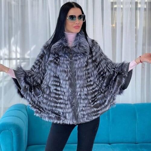 Natural Fur Coat Fashion Sliver Fox Fur Jacket Women Batwing Sleeves Shawl High Quality
