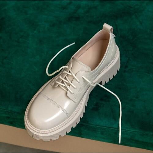 New Cow Patent Leather Women Shoes Fashion Lace-Up Flat Platform Round Toe Thick Heel Spring/Autumn Flats Size 34-39 Handmade