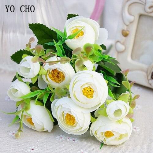 YO CHO 5 Branches Small Artificial Roses Flower Heads Fake Flower Wedding Wall Backdrop DIY Craft Decoration 10 Heads Rose Flore