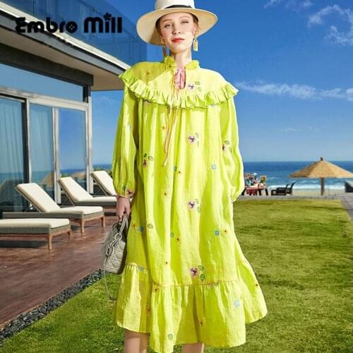 Women Spring New Street Style Ramie Embroidered Mid-Length Loose Elegant Long-Sleeved A-line Dress S-XL