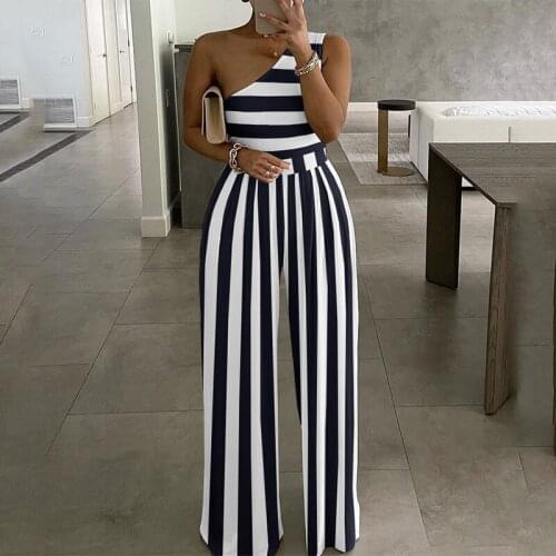 One Shoulder Striped Colorblock Jumpsuit Ladies Outfits One Shoulder Striped Colorblock Jumpsuits