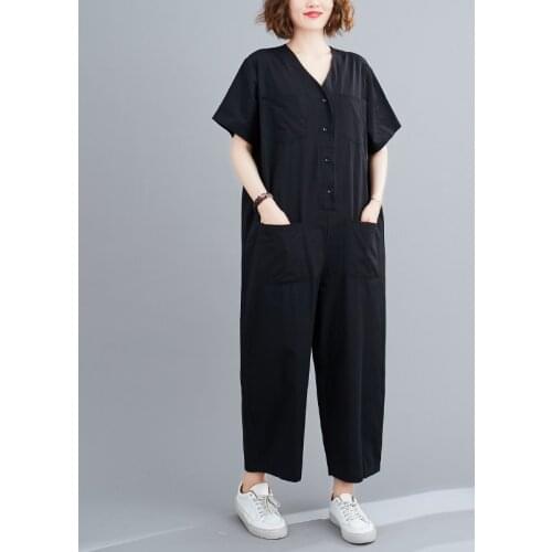 2021 Summer Women Solid Simple Clothing V Neck Black Khaki Casual Loose Female Jumpsuits Overalls Stylish Elegant Ladies Rompers