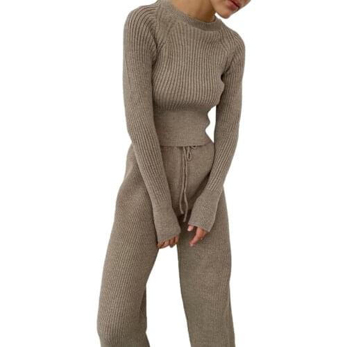 Casual Knitted Sweater Suit Women Round Neck Long Sleeve Tops Flare Pants 2 Piece Set Loungewear Elegant Sets Female LD1885