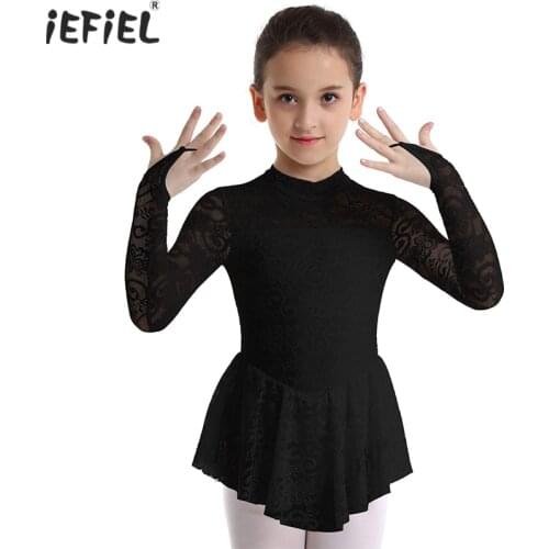 IEFiEL Kids Girls Long Sleeves Ballet Dress Floral Lace Lyrical Dance Costumes Roller Skating Dress Gymnastics Leotard Dancewear