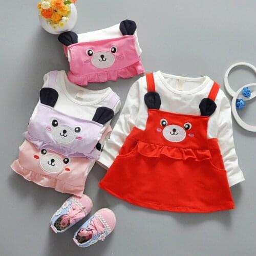 2017 Spring Autumn childrens clothing kids girls dress cotton long-sleeved cute Cartoon little bear baby girls strap dress 0-4T